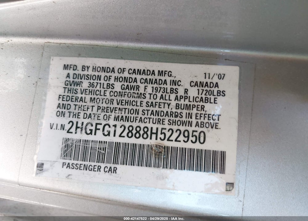2008 HONDA CIVIC EX VIN: 2HGFG12888H522950