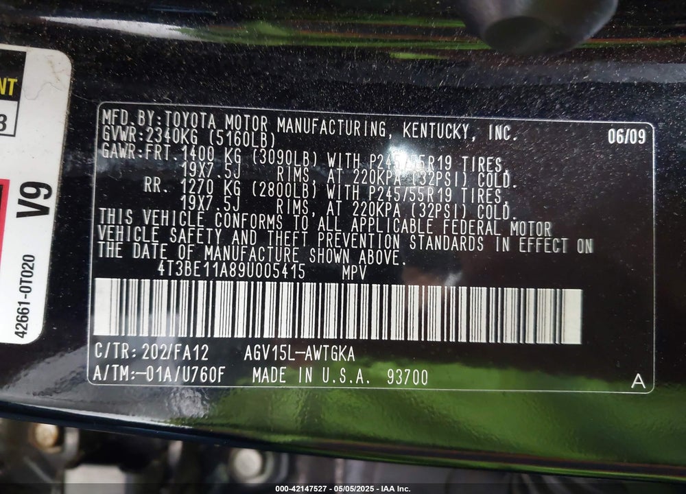 2009 TOYOTA VENZA VIN: 4T3BE11A89U005415