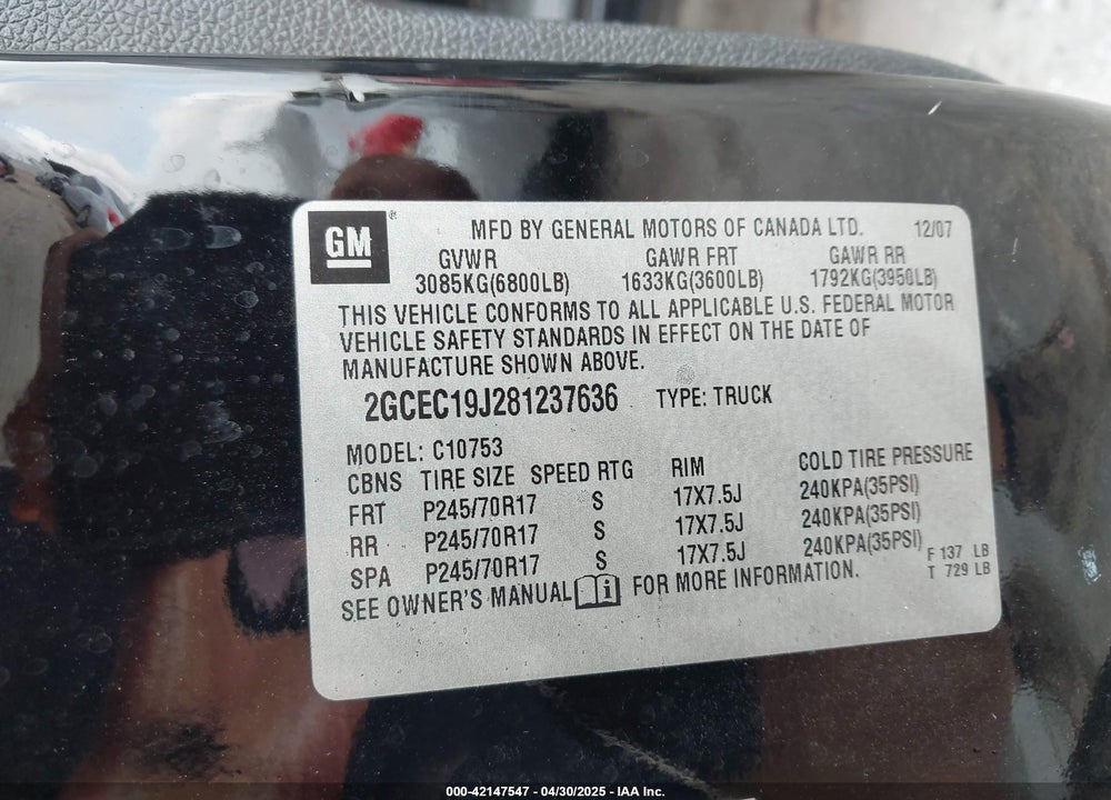 2008 CHEVROLET SILVERADO 1500 LT1 VIN: 2GCEC19J281237636