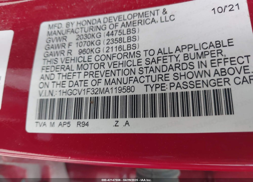 2021 HONDA ACCORD VIN: 1HGCV1F32MA119580