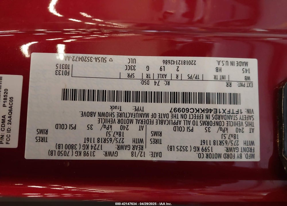 2019 FORD F-150 VIN: 1FTFX1E46KKC60997