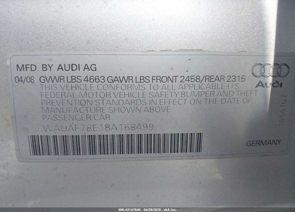 2008 AUDI A4 2.0T/2.0T SPECIAL EDITION VIN: WAUAF78E18A168499