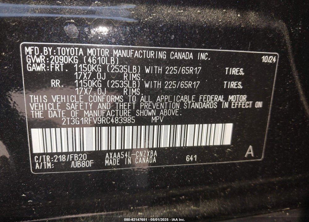 2024 TOYOTA RAV4 LE VIN: 2T3G1RFV9RC483985