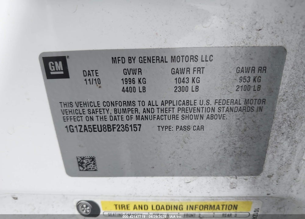 2011 CHEVROLET MALIBU VIN: 1G1ZA5EU8BF236157