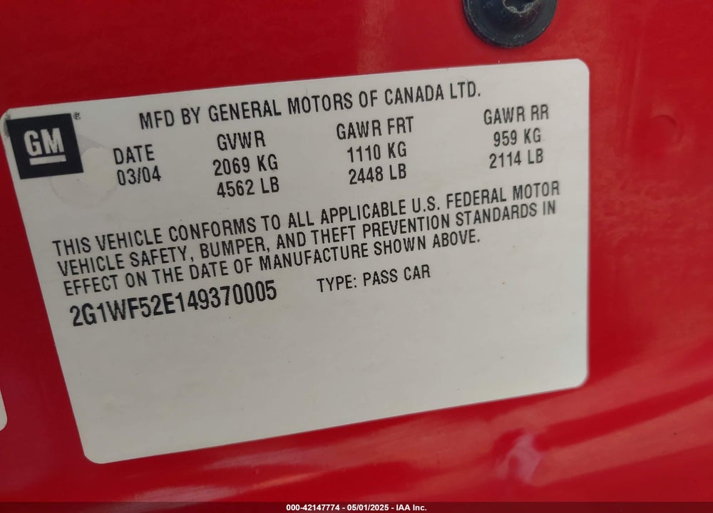 2004 CHEVROLET IMPALA VIN: 2G1WF52E149370005