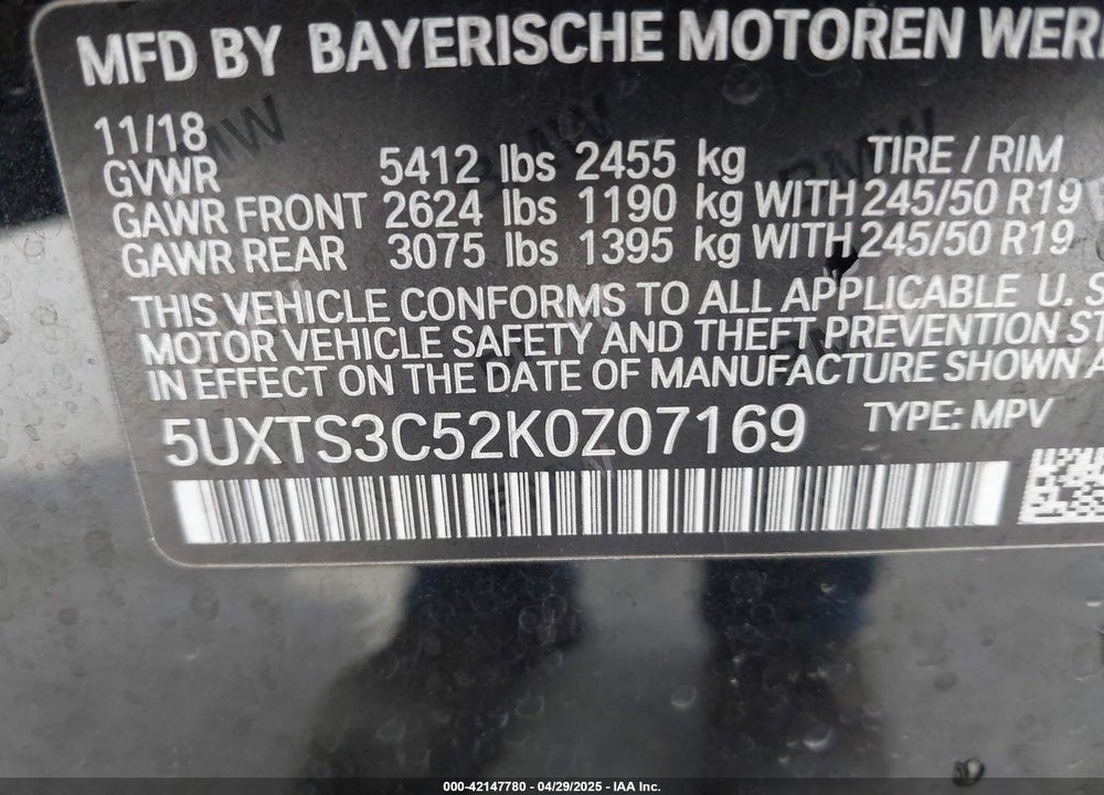 2019 BMW X3 M40I VIN: 5UXTS3C52K0Z07169