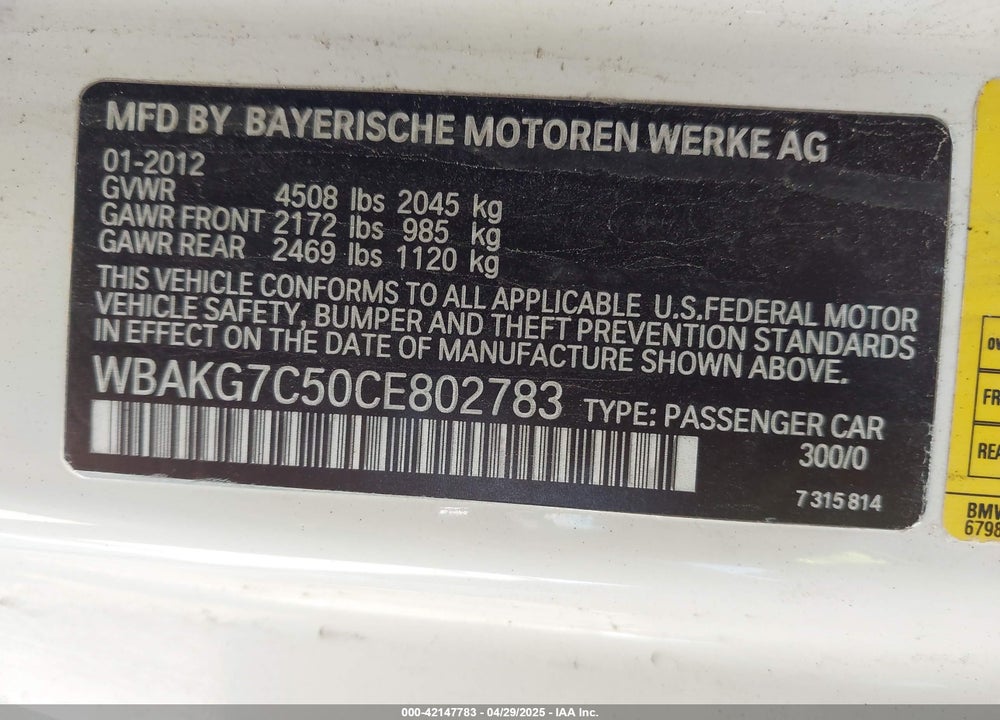 2012 BMW 335I VIN: WBAKG7C50CE802783