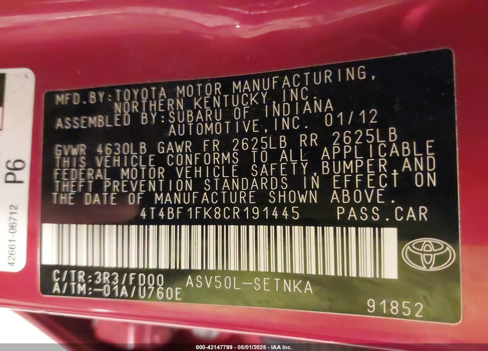 2012 TOYOTA CAMRY LE VIN: 4T4BF1FK8CR191445