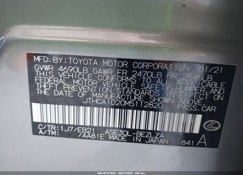 2021 LEXUS IS 300 VIN: JTHCA1D20M5112820