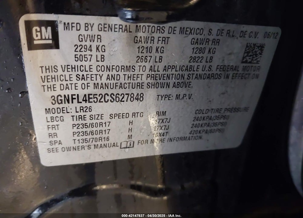 2012 CHEVROLET CAPTIVA SPORT VIN: 3GNFL4E52CS627848