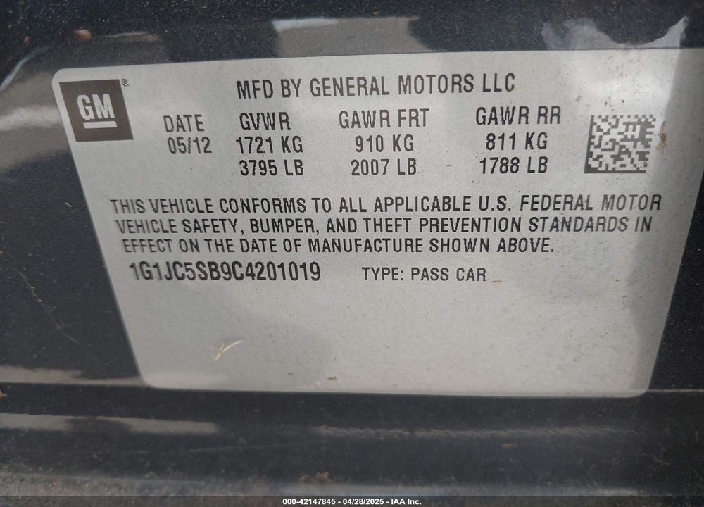 2012 CHEVROLET SONIC 2LT VIN: 1G1JC5SB9C4201019