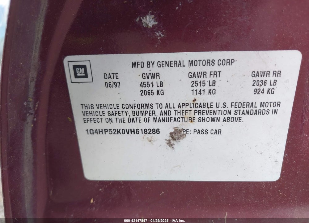 1997 BUICK LESABRE CUSTOM VIN: 1G4HP52K0VH618286