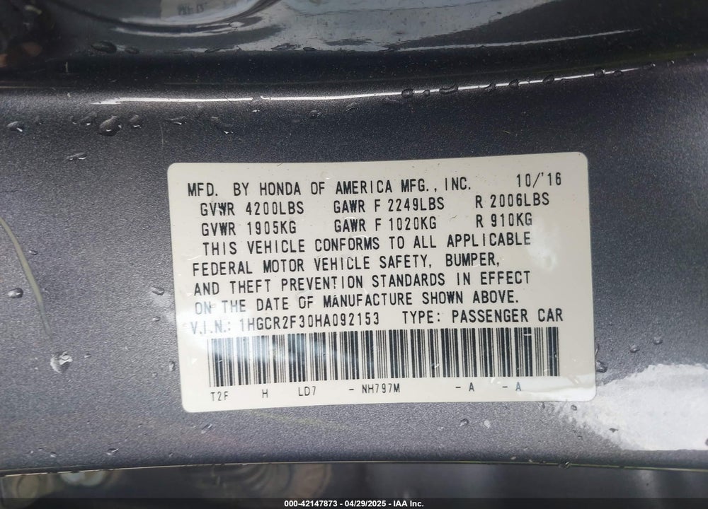 2017 HONDA ACCORD VIN: 1HGCR2F30HA092153