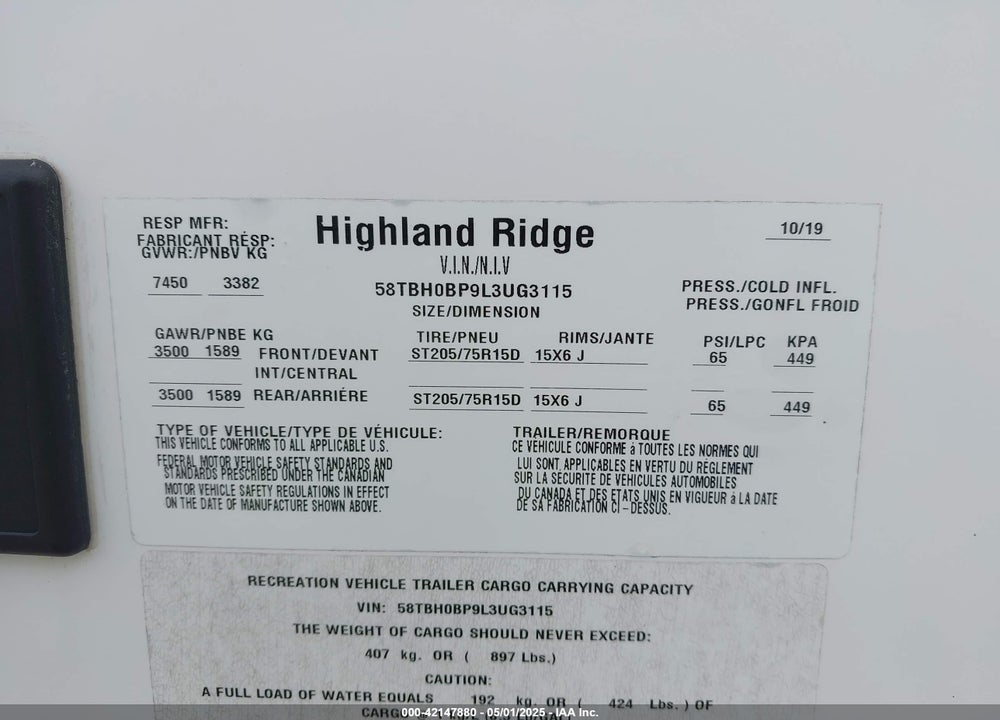 2020 HIGHLAND RIDGE TRAVEL TRLR VIN: 58TBH0BP9L3UG3115
