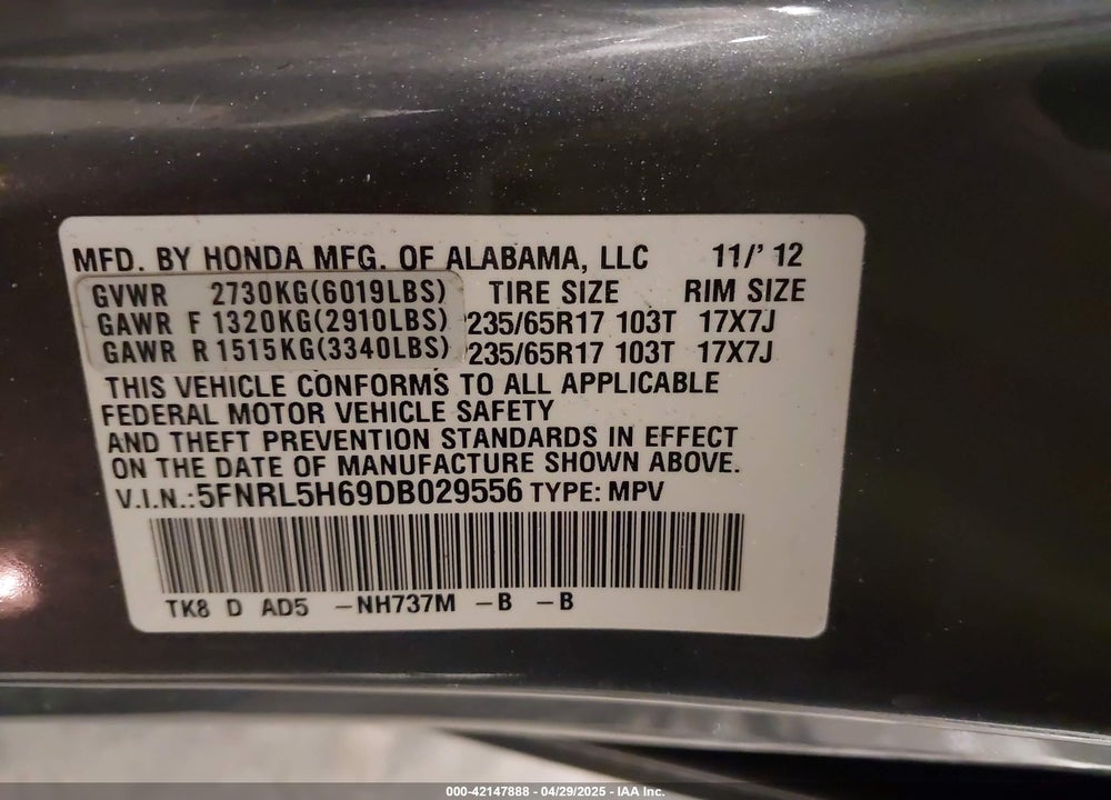 2013 HONDA ODYSSEY EX-L VIN: 5FNRL5H69DB029556