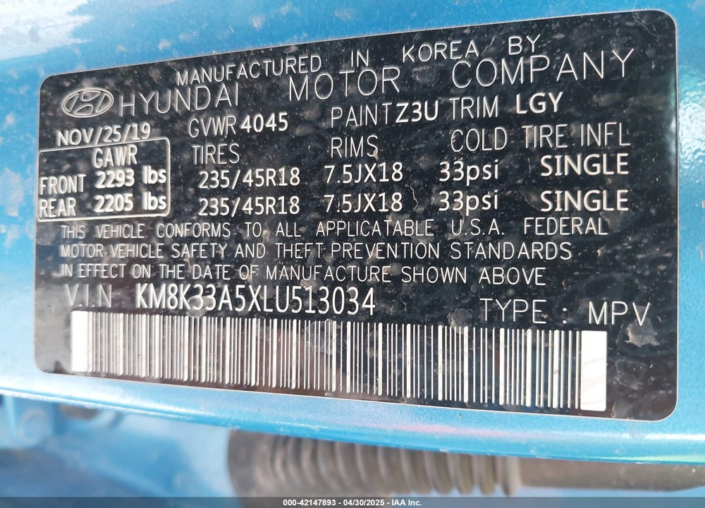 2020 HYUNDAI KONA LIMITED VIN: KM8K33A5XLU513034