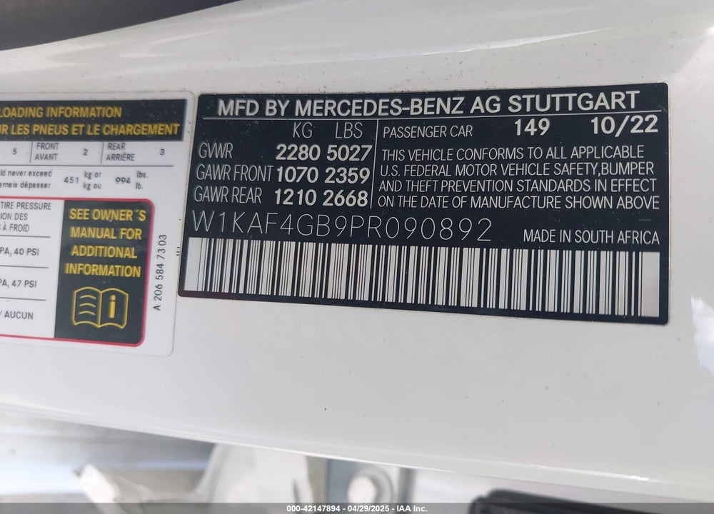 2023 MERCEDES-BENZ C CLASS VIN: W1KAF4GB9PR090892