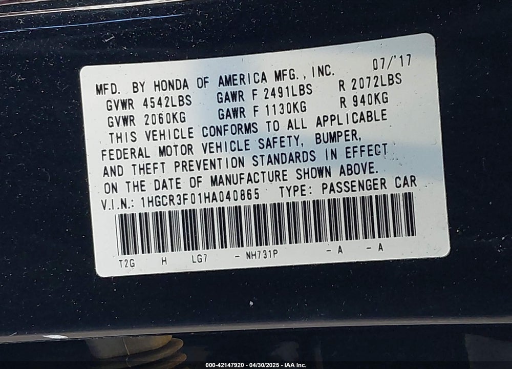 2017 HONDA ACCORD VIN: 1HGCR3F01HA040865