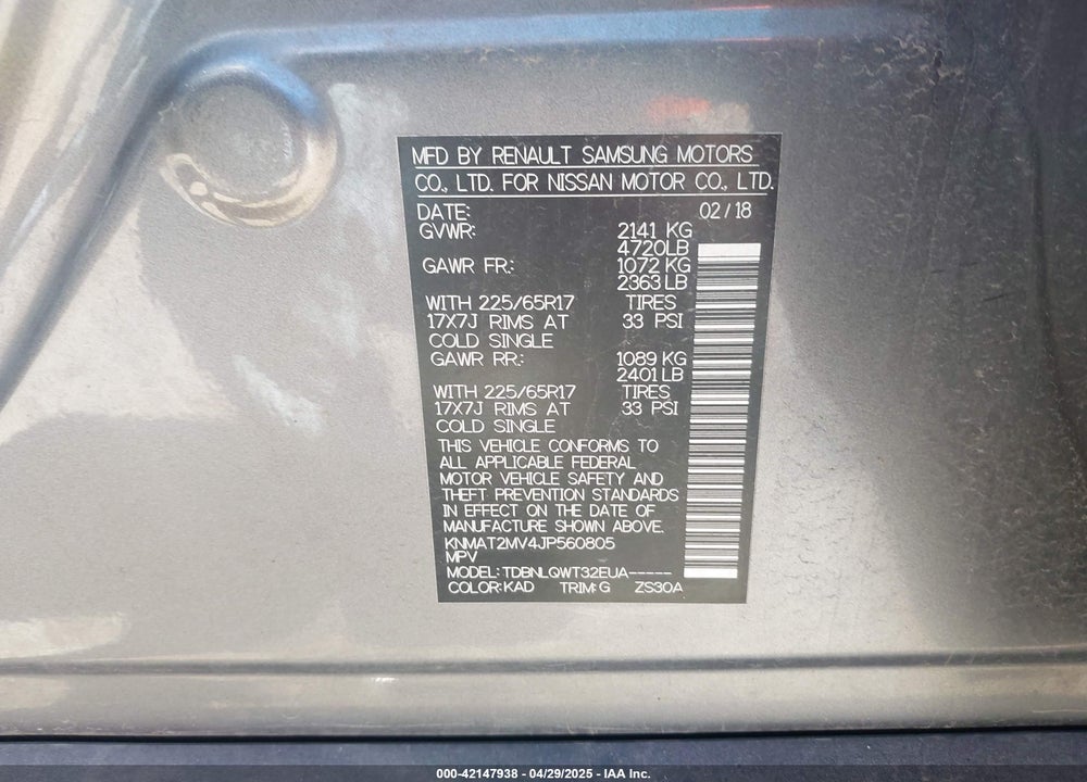 2018 NISSAN ROGUE SV VIN: KNMAT2MV4JP560805