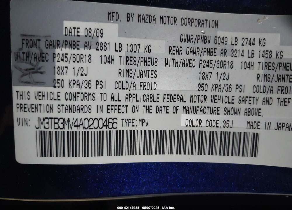 2010 MAZDA CX-9 VIN: JM3TB3MV4A0200466