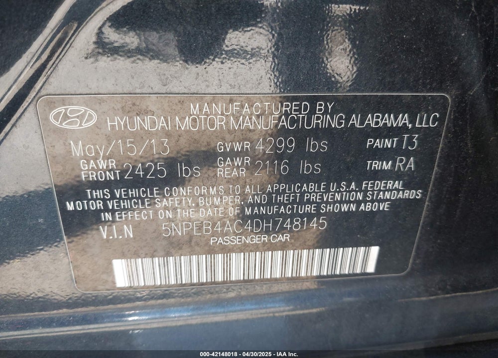 2013 HYUNDAI SONATA GLS VIN: 5NPEB4AC4DH748145
