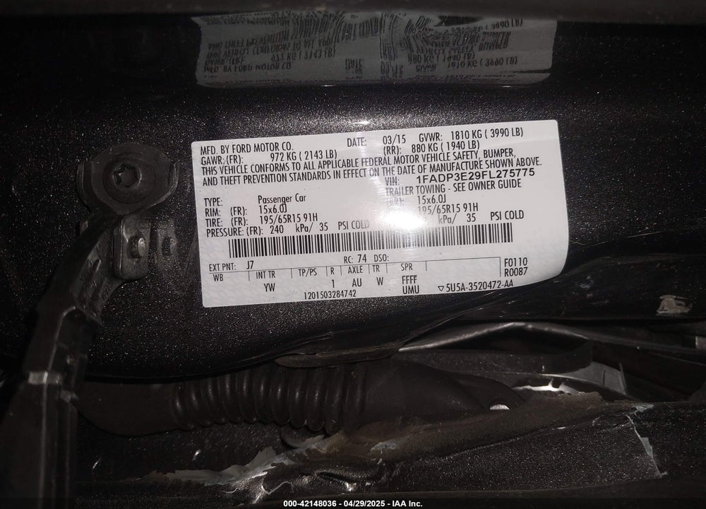 2015 FORD FOCUS S VIN: 1FADP3E29FL275775