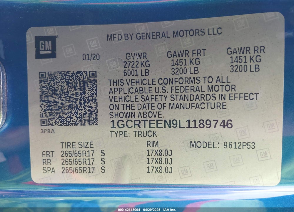 2020 CHEVROLET COLORADO VIN: 1GCRTEEN9L1189746