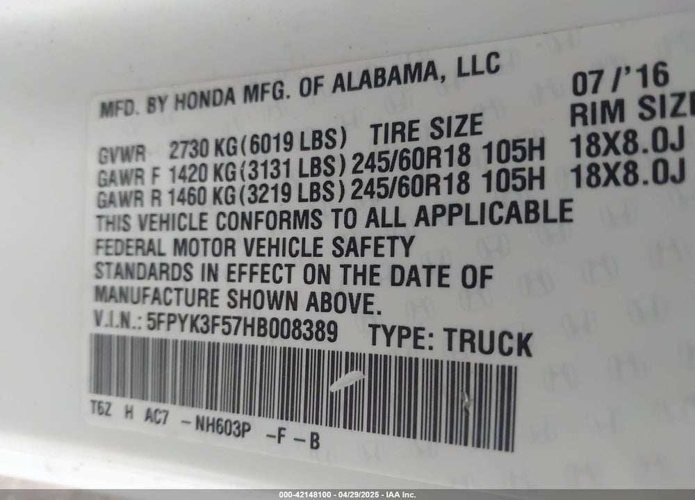 2017 HONDA RIDGELINE RTL VIN: 5FPYK3F57HB008389