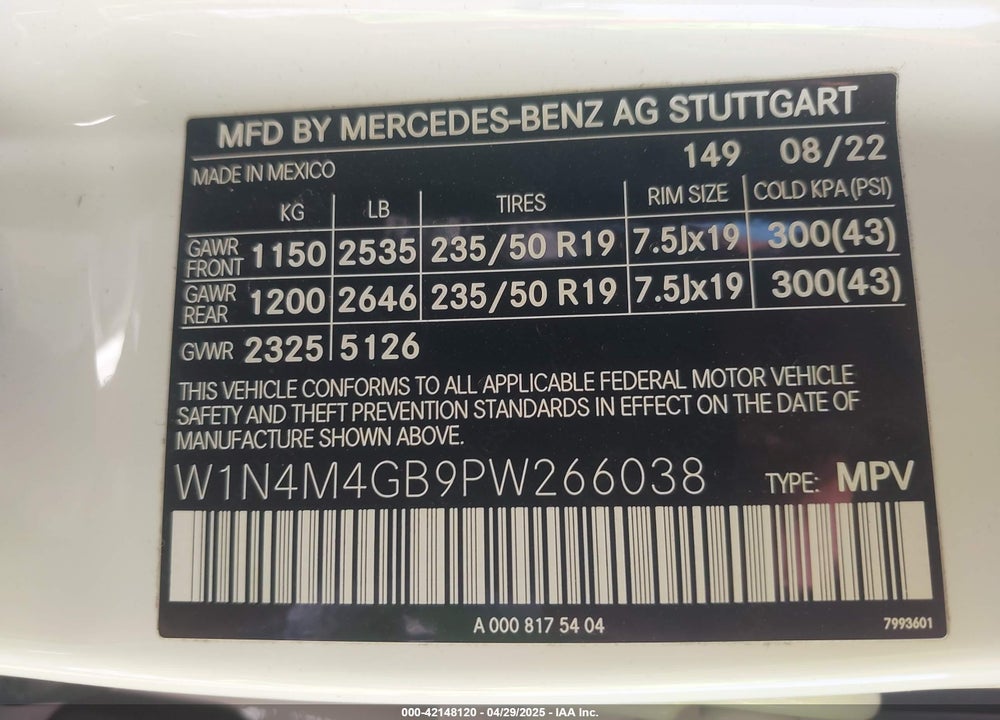 2023 MERCEDES-BENZ GLB 250 VIN: W1N4M4GB9PW266038