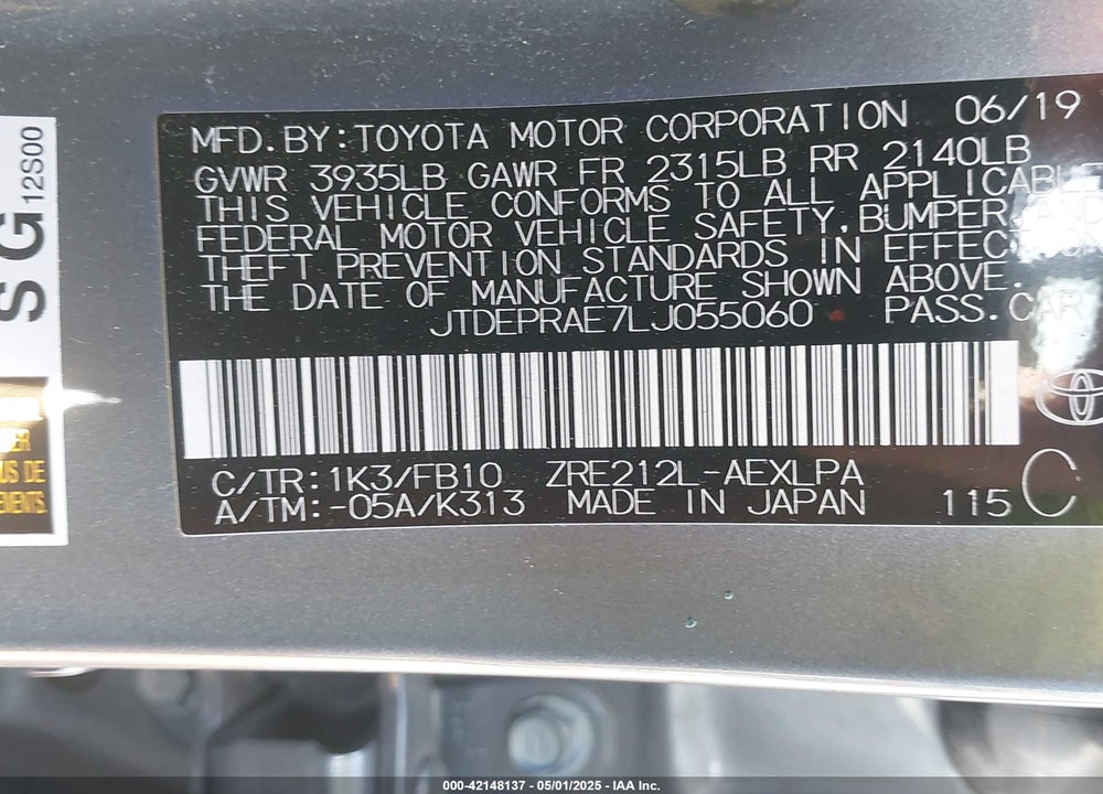 2020 TOYOTA COROLLA VIN: JTDEPRAE7LJ055060