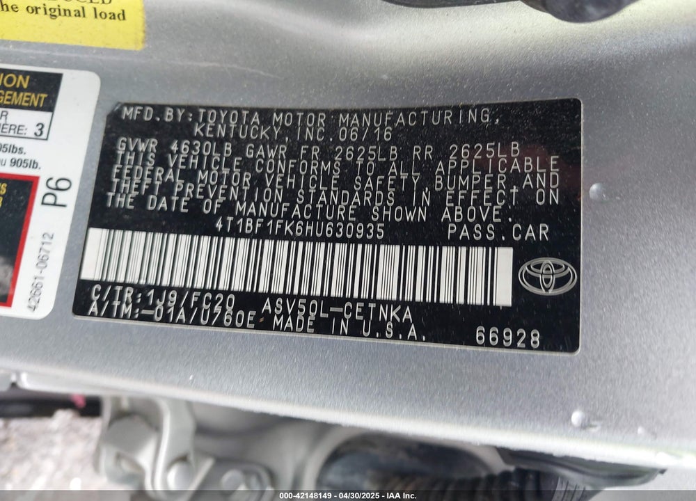 2017 TOYOTA CAMRY VIN: 4T1BF1FK6HU630935