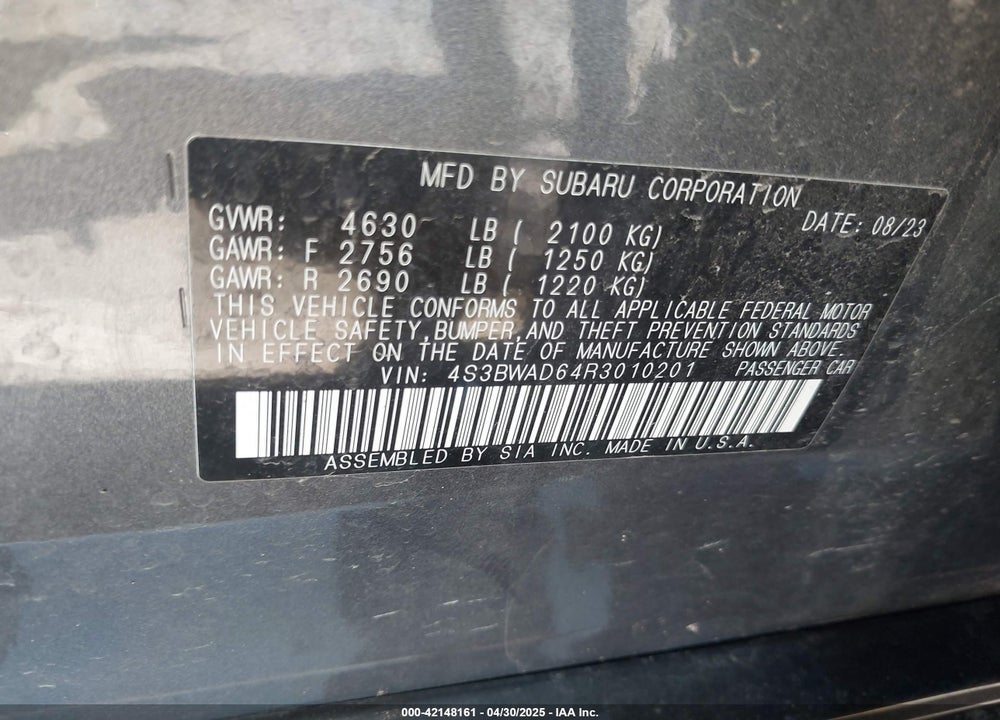 2024 SUBARU LEGACY PREMIUM VIN: 4S3BWAD64R3010201