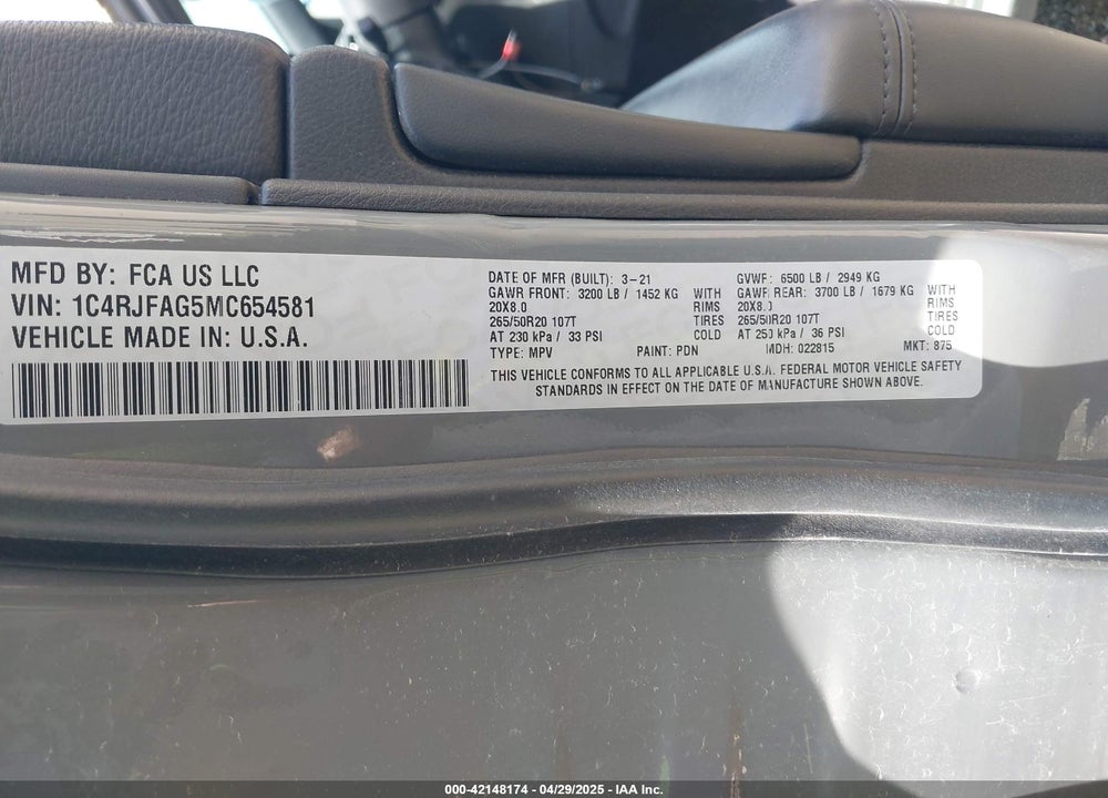2021 JEEP GRAND CHEROKEE VIN: 1C4RJFAG5MC654581
