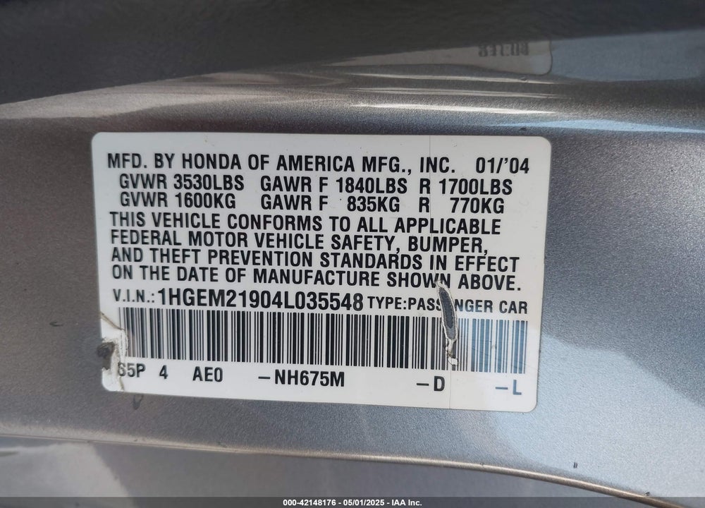 2004 HONDA CIVIC EX VIN: 1HGEM21904L035548