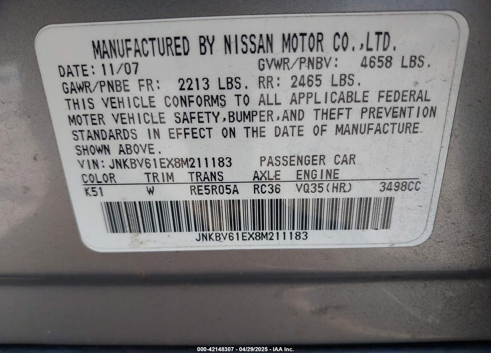 2008 INFINITI G35 VIN: JNKBV61EX8M211183