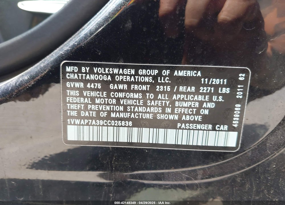 2012 VOLKSWAGEN PASSAT VIN: 1VWAP7A39CC025836