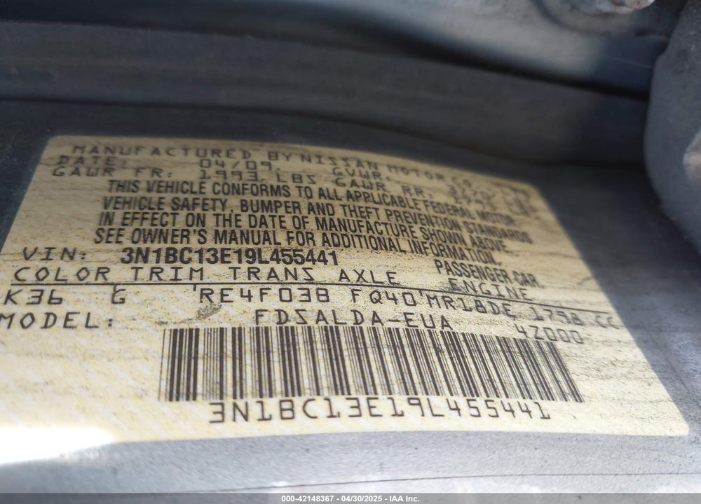 2009 NISSAN VERSA VIN: 3N1BC13E19L455441