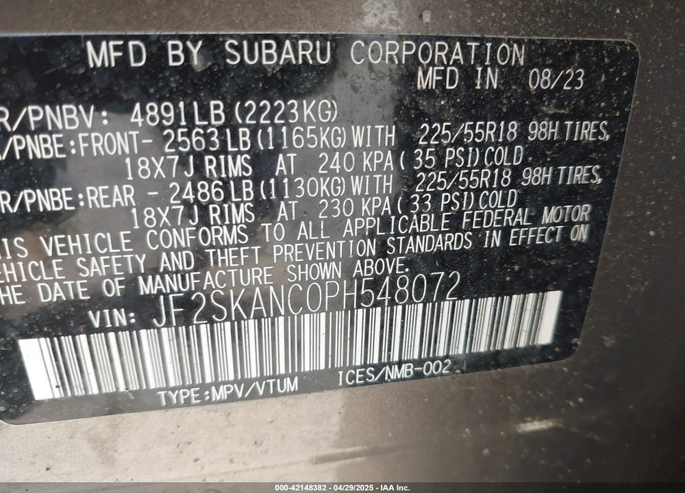 2023 SUBARU FORESTER VIN: JF2SKANC0PH548072