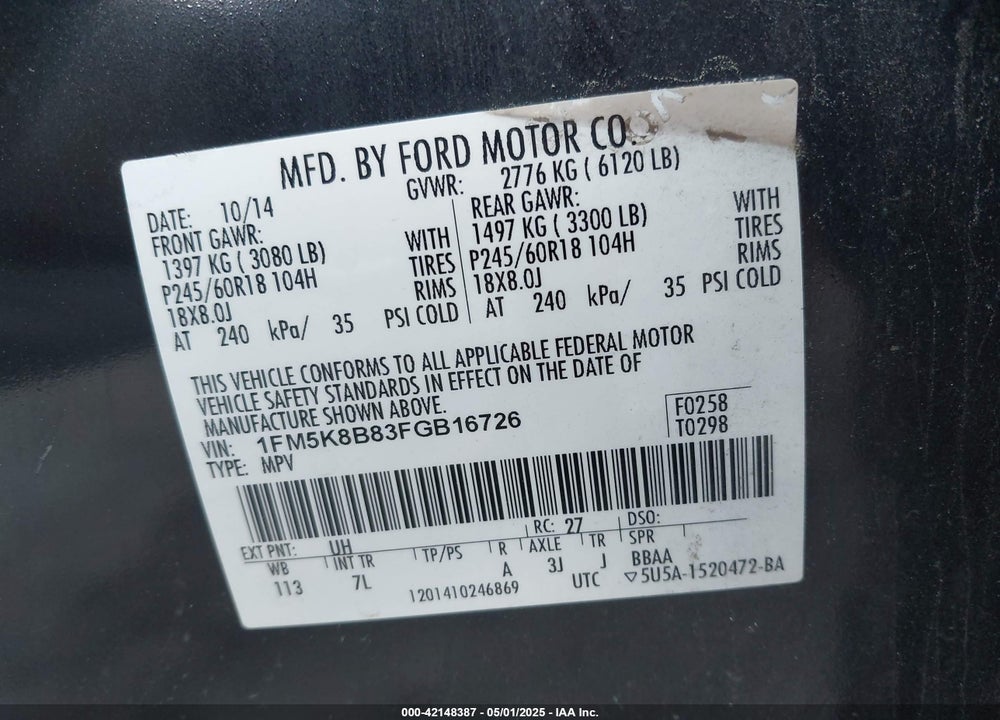 2015 FORD EXPLORER VIN: 1FM5K8B83FGB16726