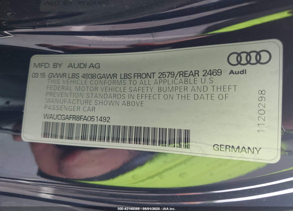 2015 AUDI S5 VIN: WAUCGAFR8FA051492