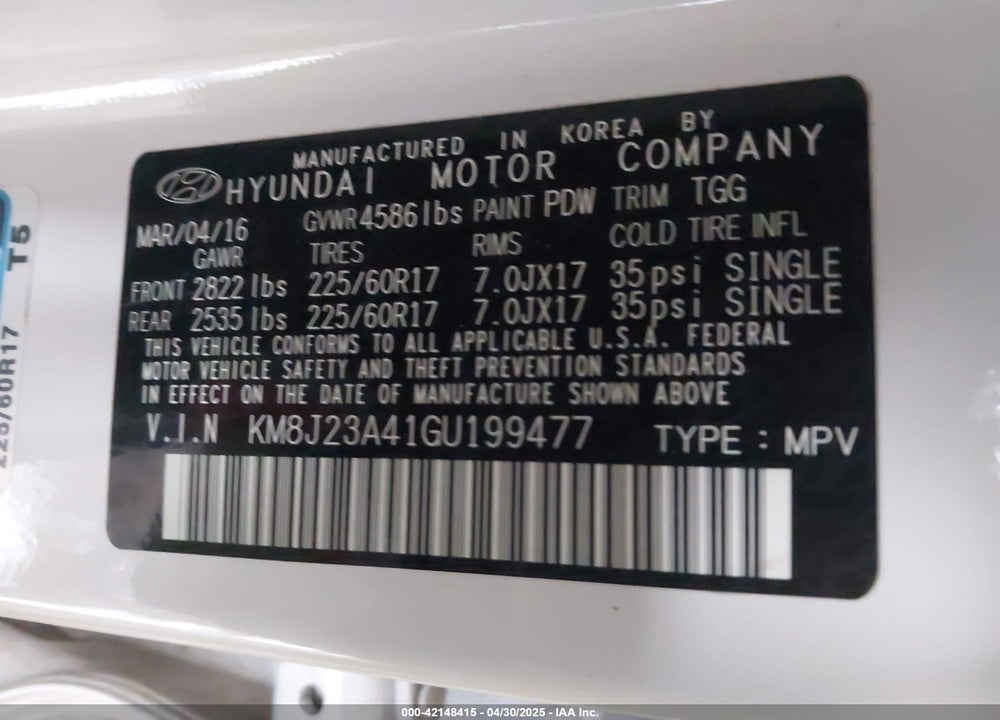 2016 HYUNDAI TUCSON VIN: KM8J23A41GU199477