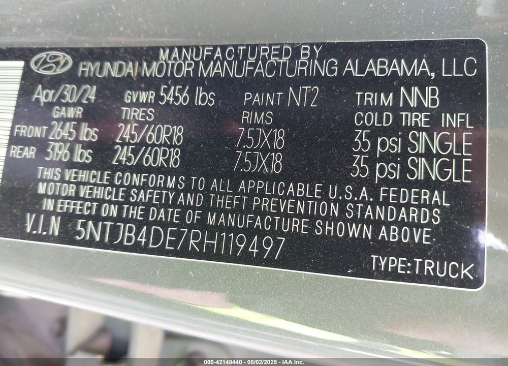2024 HYUNDAI SANTA CRUZ SEL VIN: 5NTJB4DE7RH119497