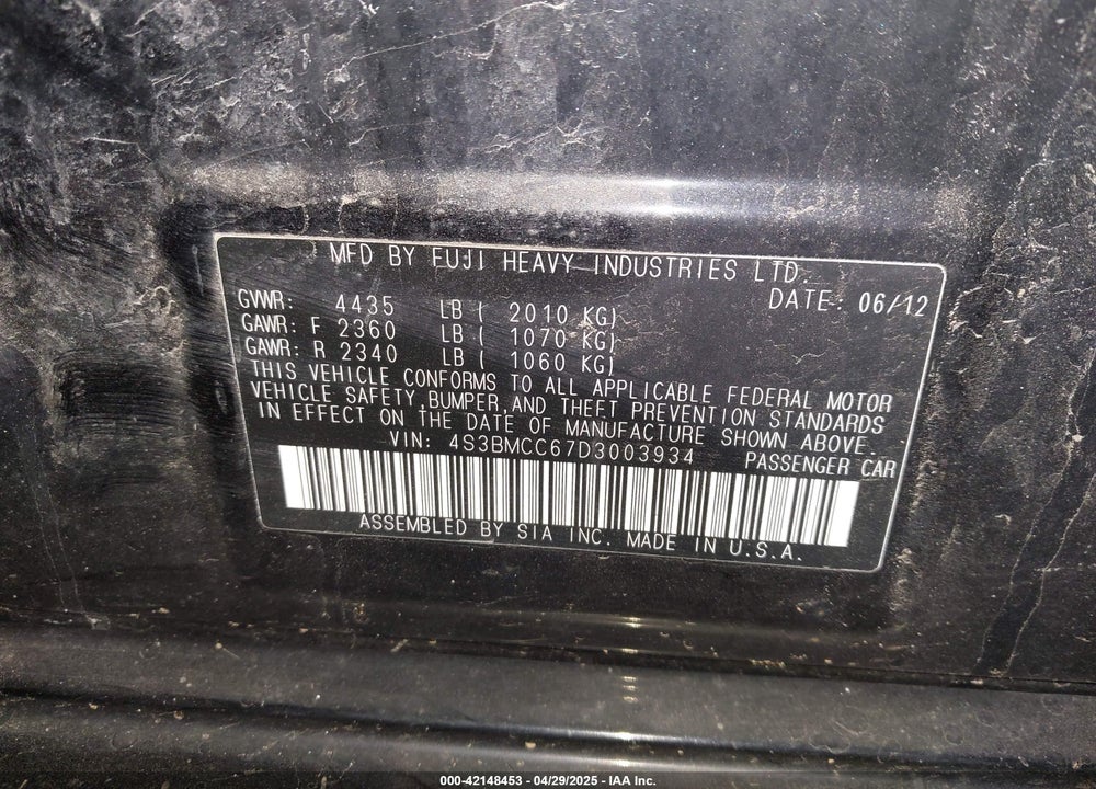 2013 SUBARU LEGACY VIN: 4S3BMCC67D3003934