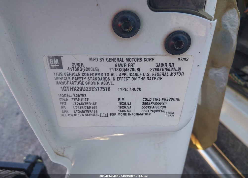 2003 GMC SIERRA 2500HD SLE VIN: 1GTHK29U23E377578