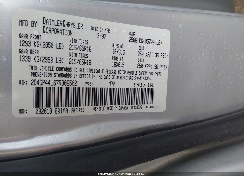 2007 DODGE GRAND CARAVAN SXT VIN: 2D4GP44L67R306502