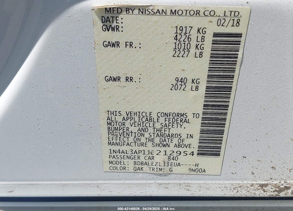 2018 NISSAN ALTIMA VIN: 1N4AL3AP1JC212954