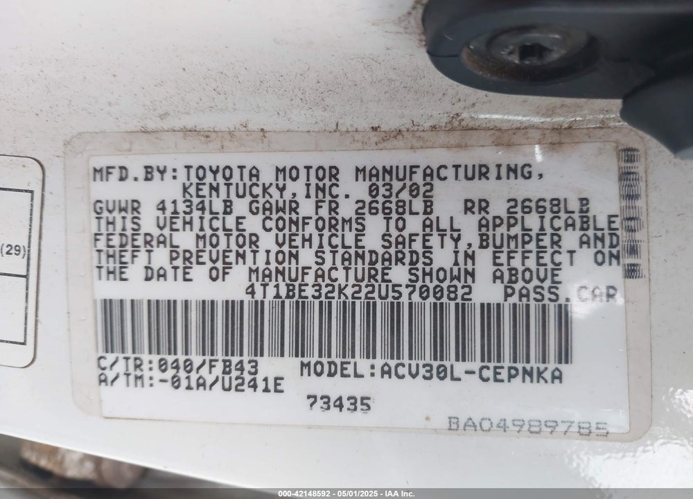 2002 TOYOTA CAMRY LE VIN: 4T1BE32K22U570082
