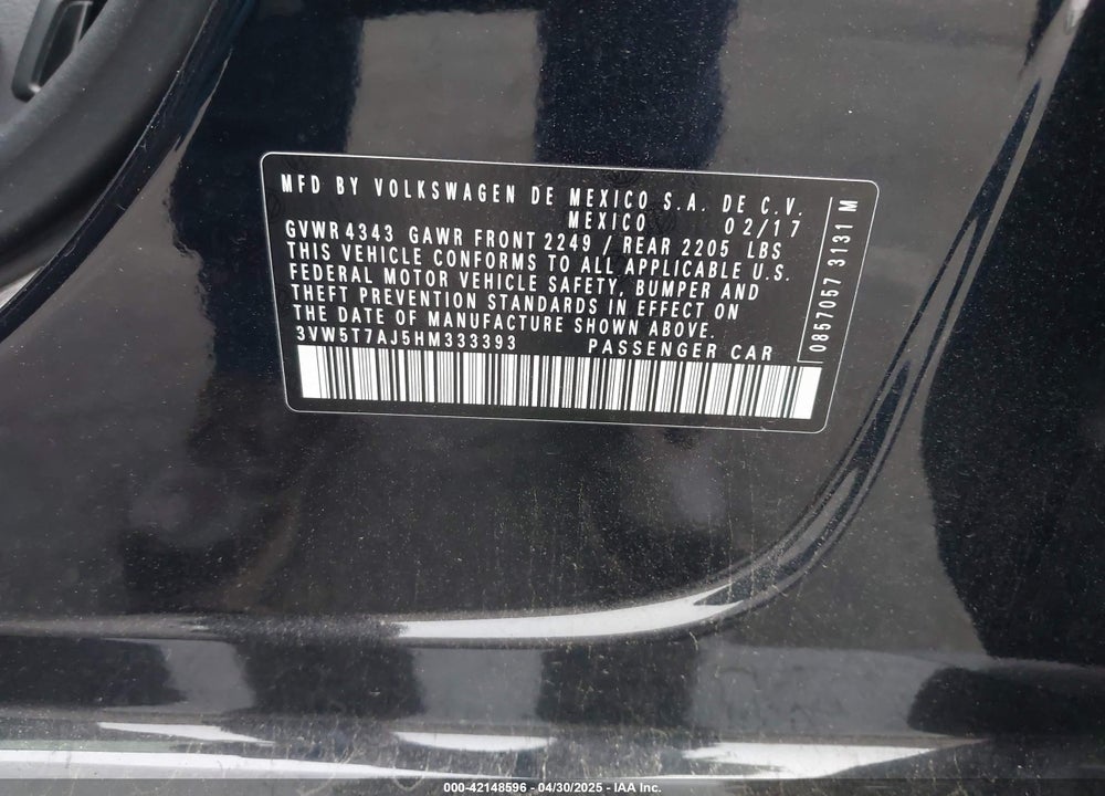 2017 VOLKSWAGEN JETTA VIN: 3VW5T7AJ5HM333393