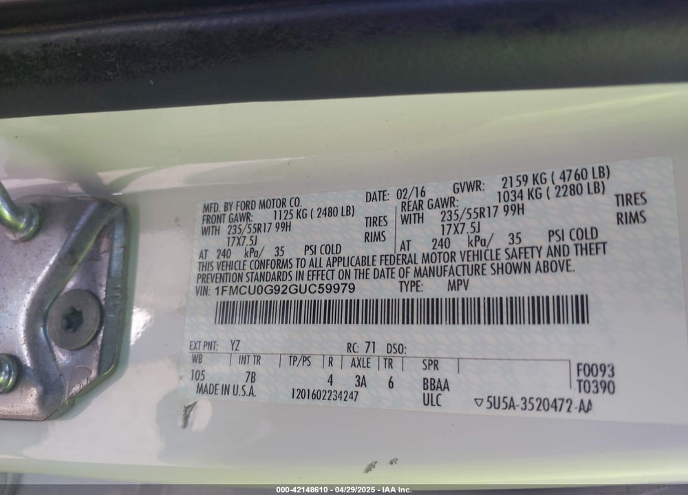 2016 FORD ESCAPE SE VIN: 1FMCU0G92GUC59979