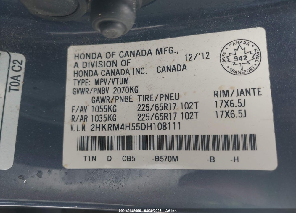 2013 HONDA CR-V VIN: 2HKRM4H55DH108111